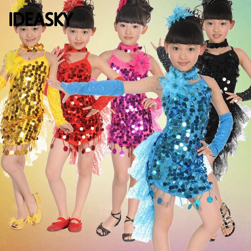 

latin dance competition ballroom tango skirts and dresses girls children costume for kids salsa sequin dress fringe kid child, Black