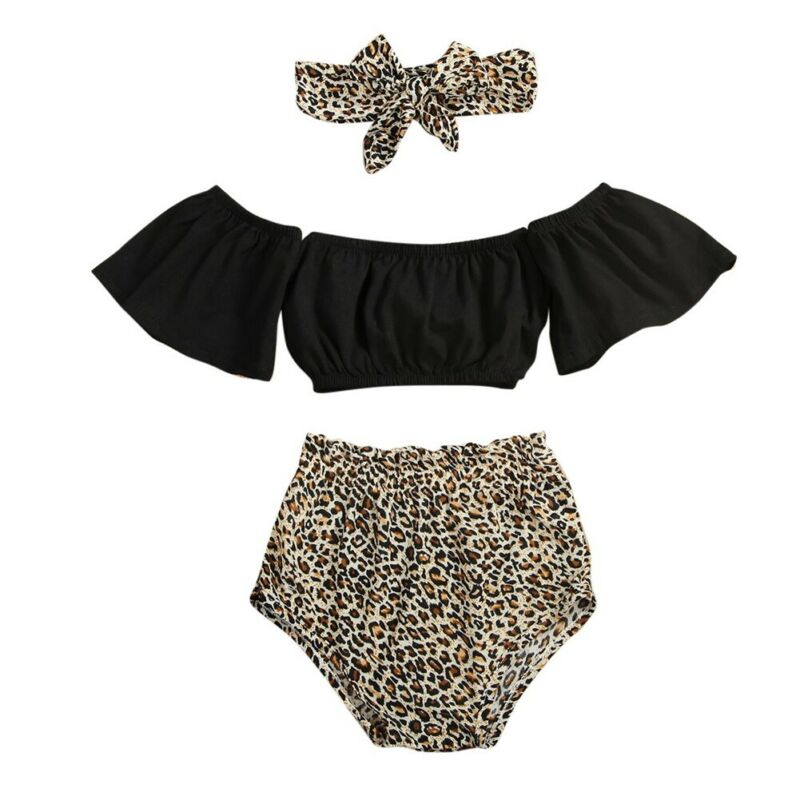 

2020 Newborn Clothing Summer Kid Baby Girl Off Shoulder Top Leopard Shorts Outfits 3Pcs Clothes, As photo shows