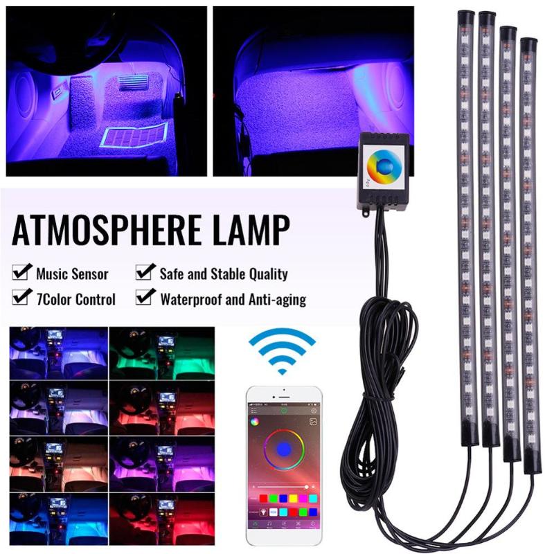 

4 Pcs 9/18LED Interior Car Bluetooth APP Remote Control Light Music Voice Control Auto LED Lighting Strip LED Light RGB Tape