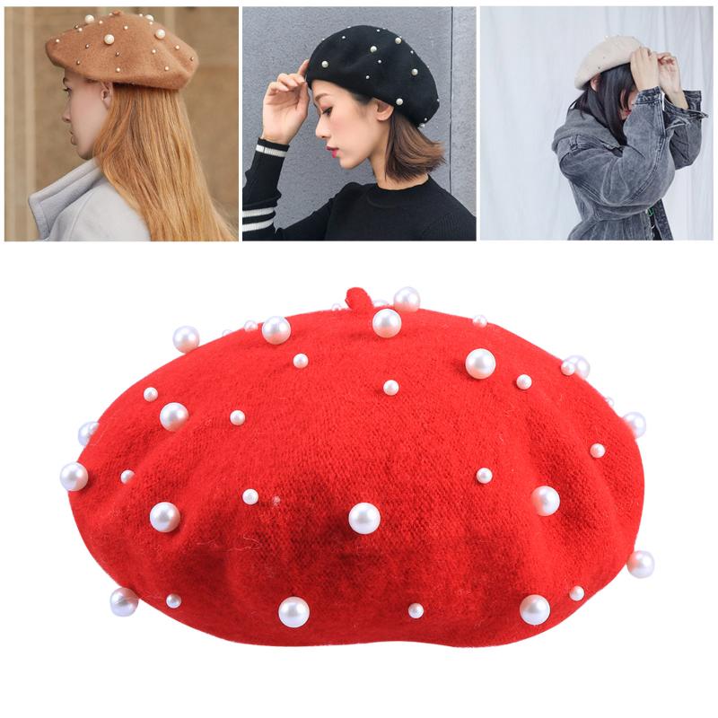 

Berets Women's Pearl Beret Hat Autumn Winter Cashmere Heavy Work Starry Beaded Rivet Wool Solid Color Caps, Black