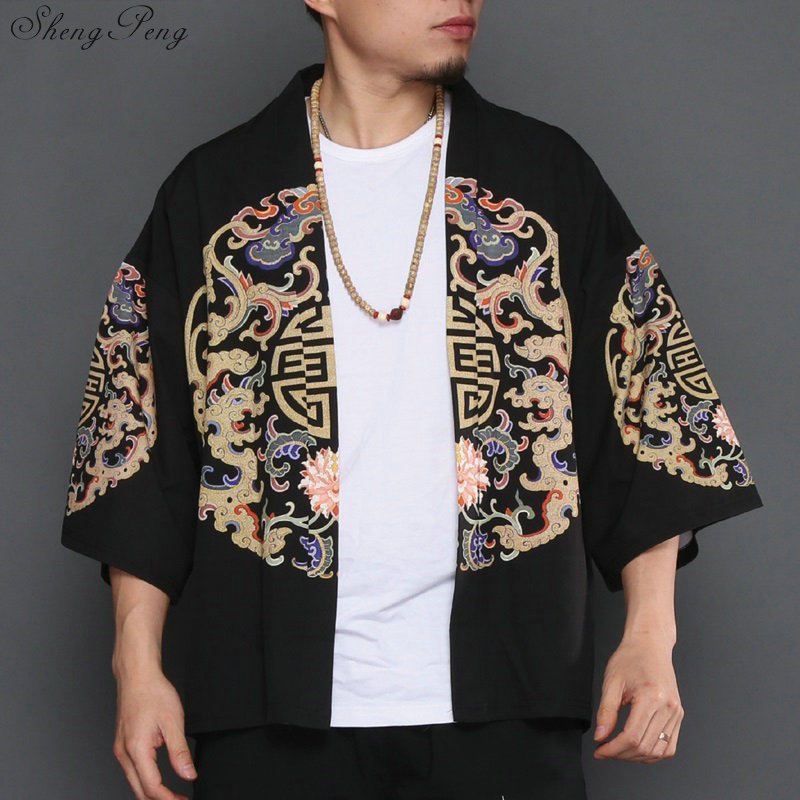 Hommes R/étro Kimono Veste De Costume Tang en Lin /À Manches Courtes Cardigan Broderie Manteau