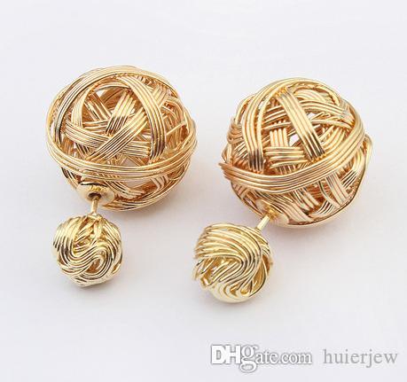 

Ball Double Pearl Channel Earring Jewelry Fashion Metal Mesh Twisted Stud Earrings