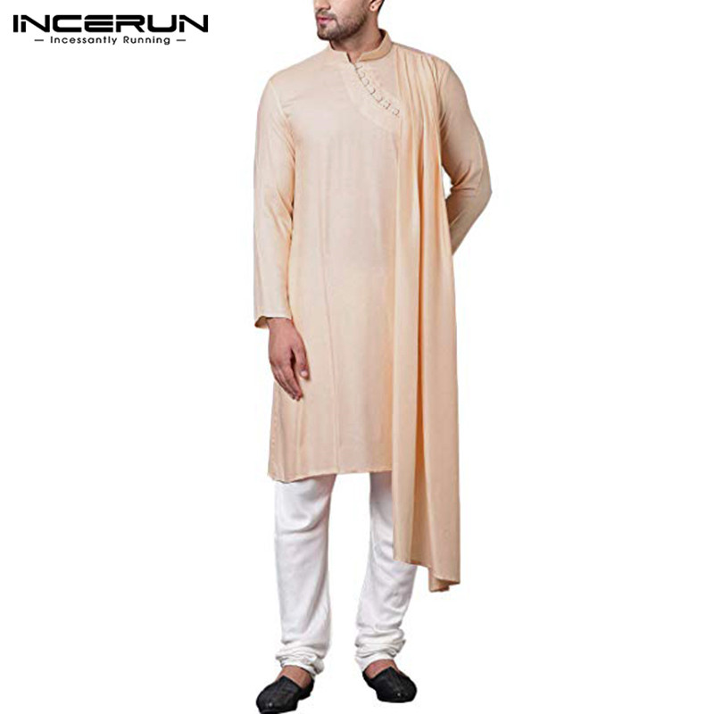 

Fashion Men Shirt Clothes Long Sleeve Kurtas Solid Color Stand Collar Irregular Hem Long Shirts Men Muslim Kaftan INCERUN, Black
