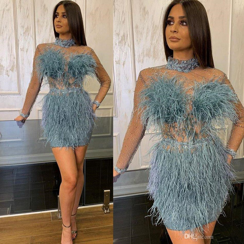

Luxury Feathers Bodice Cocktail Dresses with Beaded High Collar Sheer Long Sleeves Party Gowns Short Prom Dress, Hunter