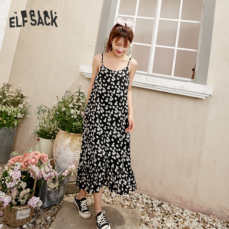 

ELFSACK Black Daisy Flowers Print Casual Chiffon Slip Dress Women 2020 Summer ELF White Vintage Korean Girly Holiday Dresses