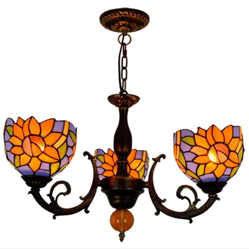 

Tiffany Pendant Lighting Stained Glass Pendant Lamps American Pastoral Blue Sunflower Lights Restaurant Decor Three Head Glass Chandelier