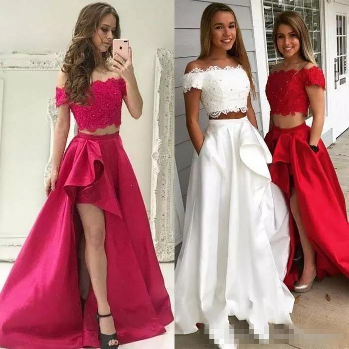 

Modest Two Piece Prom Dresses Red White Short Sleeves Lace Applique High Side Slit Off the Shoulder Satin Evening Gowns with Pockets 55, Blue