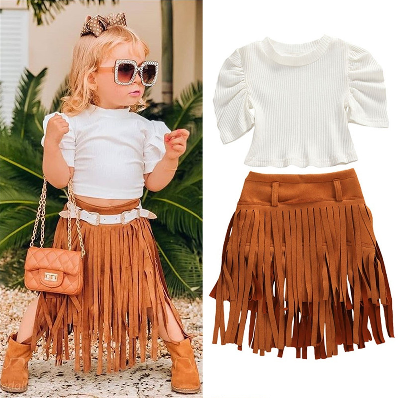 

Fashion Toddler Baby Girls Summer Clothes Set Kids Girls Puff Sleeve Knitted T-shirts Tops+Tassel Skirts Children Party Outfits, White