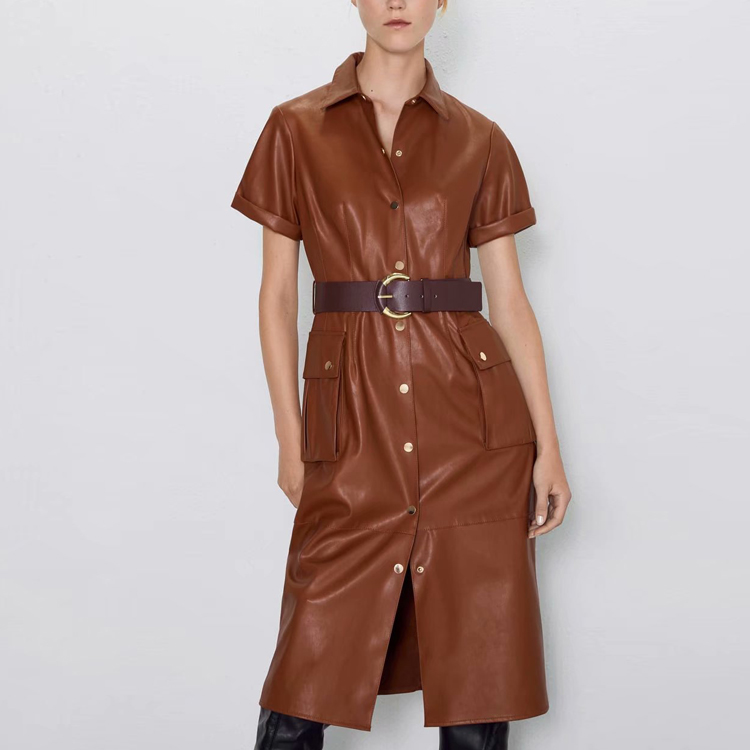 

Fashion Women Pu Dress Spring Autumn 2new Short Sleeve Slim With Belt Faux Leather Dress Vintage Single Breasted Bodycon