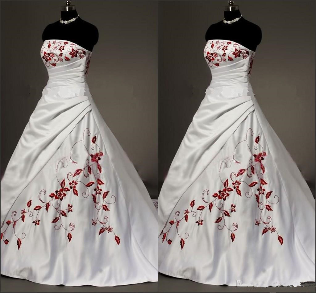 White Satin Rot gestickte Brautkleider Übergröße Ballkleid für die Braut 15 trägerlose Lace-up-Falte drapierten Jahrgang Brautkleider