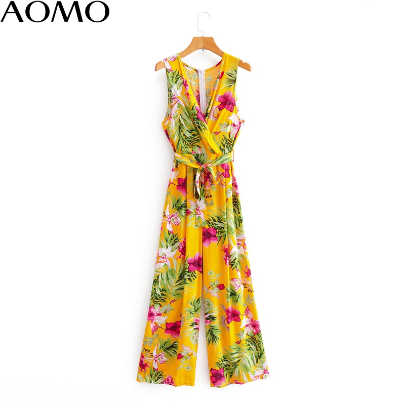 

AOMO cashual Women summer yellow floral print beach jumpsuit Sleeveless v neck female back zipper beach Jumpsuit 1F123A, Multi