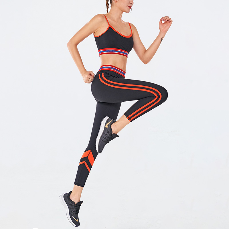 

Female Sport Suit Women Fitness Clothing Sport Wear Yoga Set Striped Print Stitching Gym Sportswear Running Leggings Women Set, Black