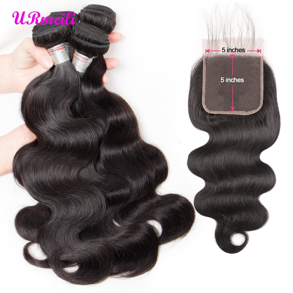 

Indian Body Wave Bundles With Closure 5*5 Lace Closure Raw Virgin Indian Hair Weave 4 Bundles With Closure Body Wave Human Remy Hair, Natural color