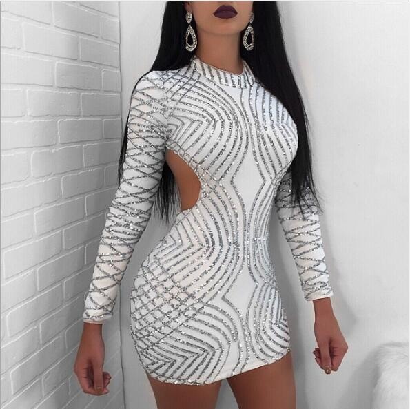 Female Sexy With Halter Sequin Evening Dress Long Sleeves Sequin Dress ...