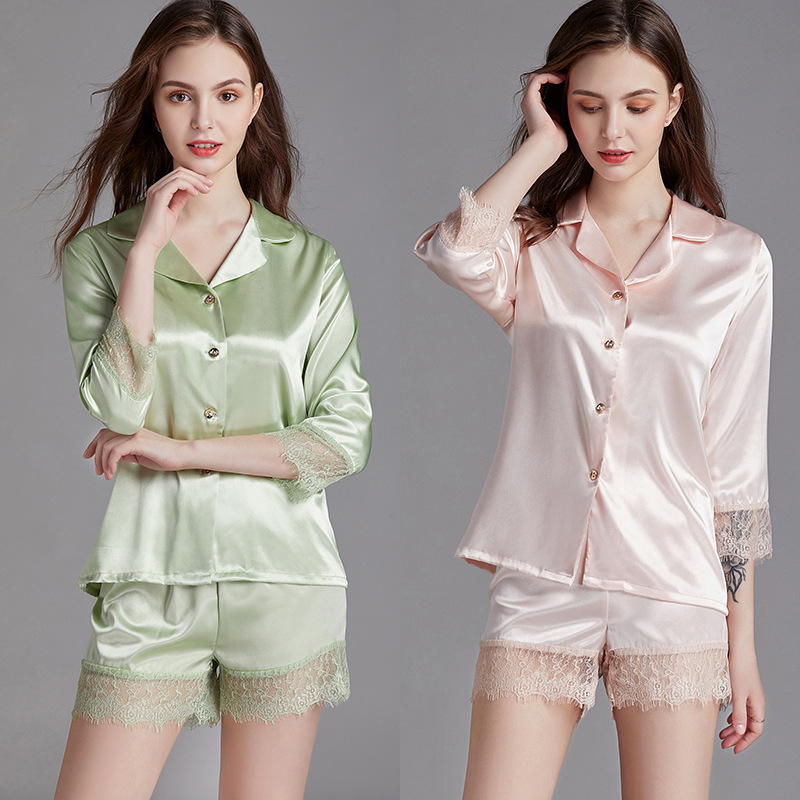 

Summer Women Sexy Nightwear Summer Casual Silk Satin Button Short Sleeve Lace Sleepwear Shirt+Pants Ladies Pajamas Sets, Green