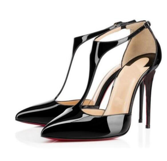 

Elegant Hots Sale-Red Bottom high heels Womens Handmade Fashion T String Pointy Ankle Strap luxury designer sandals trendy black Leather up