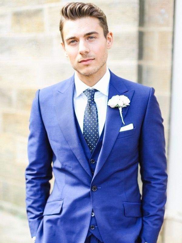 Nouveau Style Royal Blue Groom Tuxedos Peak Lapel Groomsmen Hommes Robe De Mariée Excellent Homme Veste Blazer 3 Pièce Costume (Veste + Pantalon