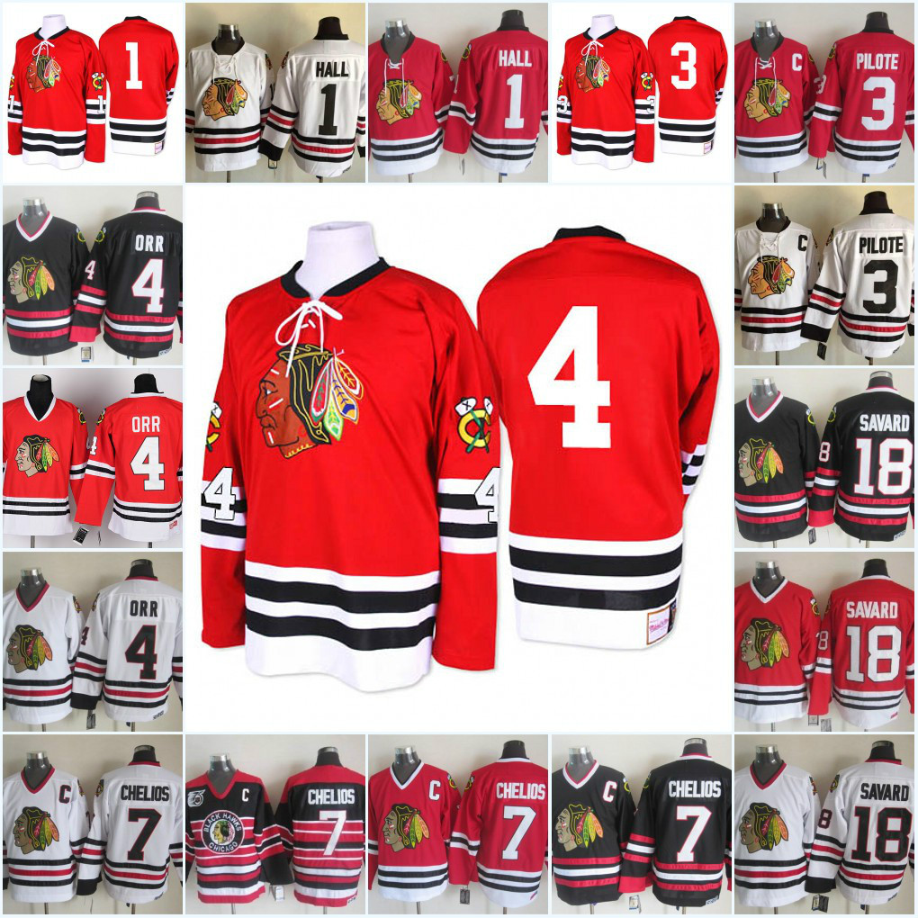 

Mens Chicago Blackhawks Bobby Orr Jerseys 1 Glenn Hall 3 Pierre Pilote 7 Chris Chelios 18 Denis Savard Blackhawks hockey Jersey, 3 pierre pilote white