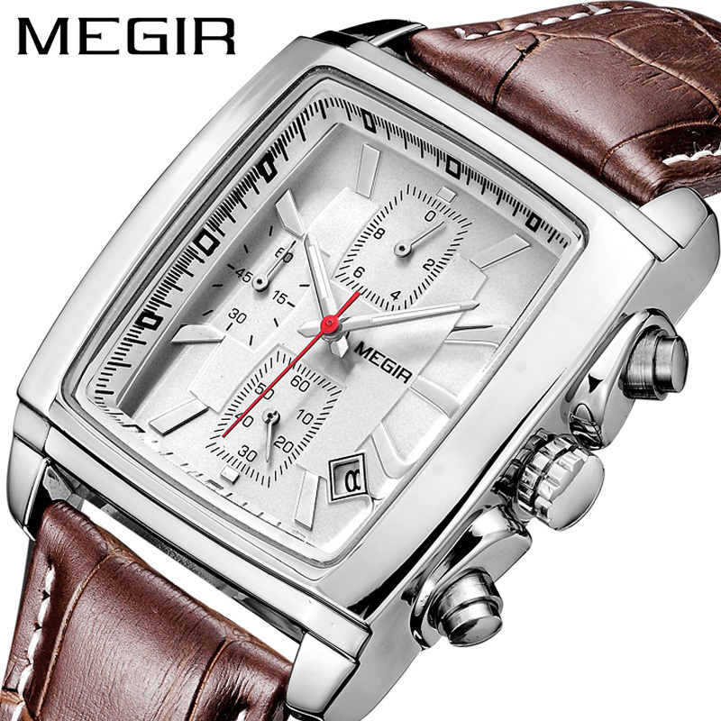 

MEGIR Original Watch Men Top Brand Luxury Rectangle Quartz Military Watches Waterproof Luminous Leather Wristwatch Men Clock CJ191217, Black