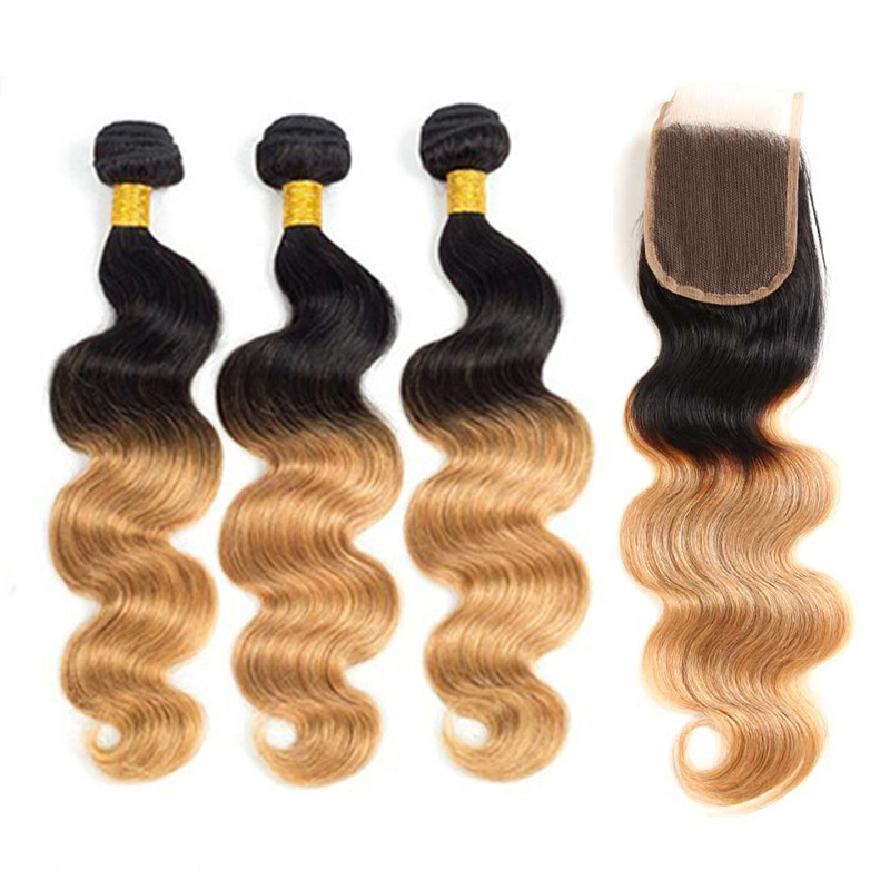 

Dark Root 1B/30 Ombre Human Hair Body Wave 3 Bundles with Lace Closure Brazilian Virgin Remy Hair Weaves 2 Tone Ombre Hair, Ombre 1b/27