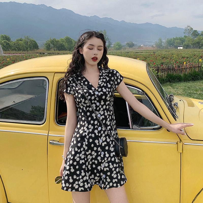 

Comfortable Slim Vintage Dress Leisure Casual Fashion Chic Short Sleeve Temperament Front Buttons Women A-line Dress, Black
