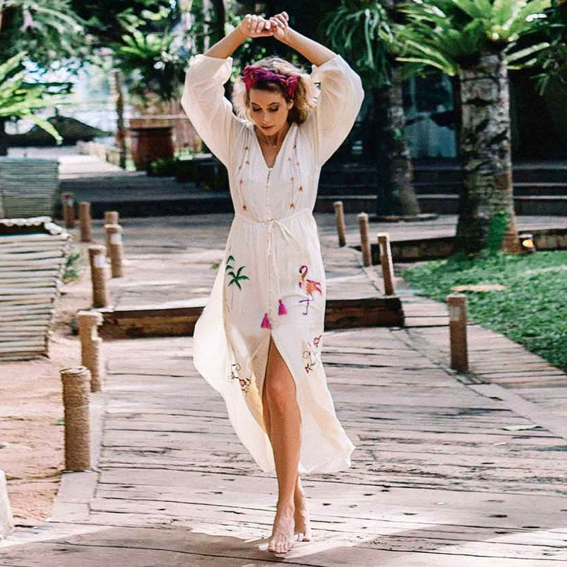 

Europe Fashion Women Slong Shirts Embroidered Wild Ladies Blouses 2020 New Long-Sleeved Sunscreen Beach Women Clothing U707, White