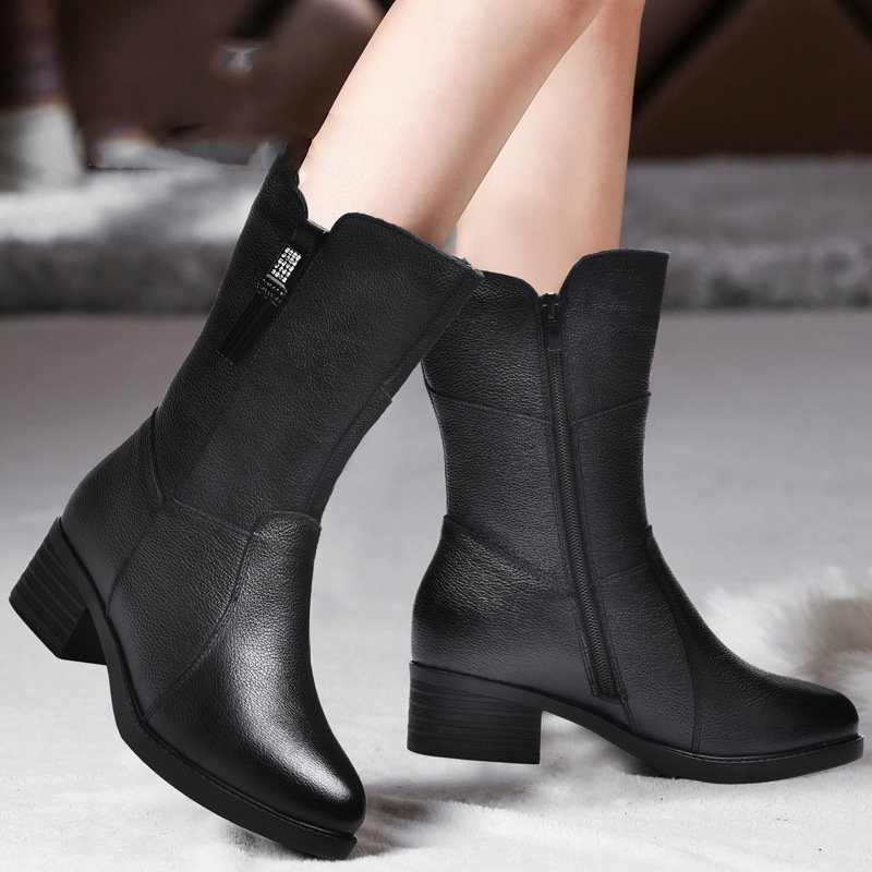 

Women Female Mother Ladies Genuine Leather Shoes Boots Mid Calf Winter Plush Fur Warm Zipper Med Heel Bling