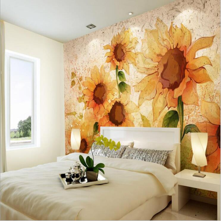 Abstract sunflower wallpapers bedroom bedside background hand painted sunshine TV wall decoration words seamless wallpaper-image-496813135