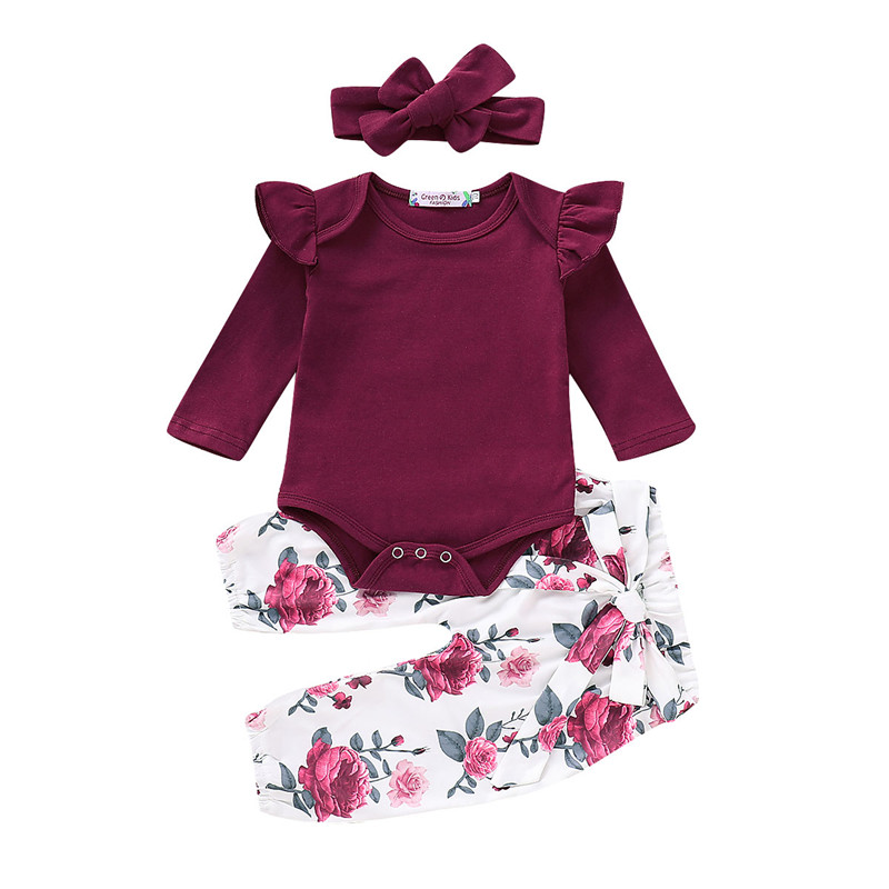 

Floral Baby Girl Clothes Long Sleeve Autumn Winter Newborn Outfit For Girl Casual Flower Print Infant Clothing Set D25, Short winered