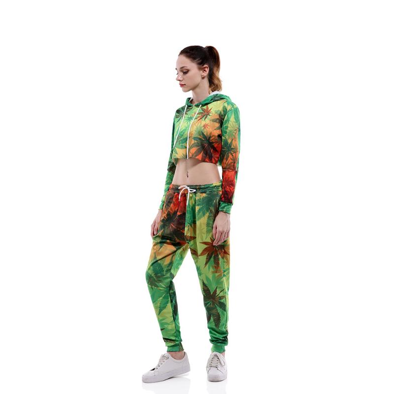 

2020 Fashion 3D Digital Printing Leaf Pattern Women Navel Jogging Suits For Young Girls Femme Fitness Gym Sport Running Clothing, Green leaf