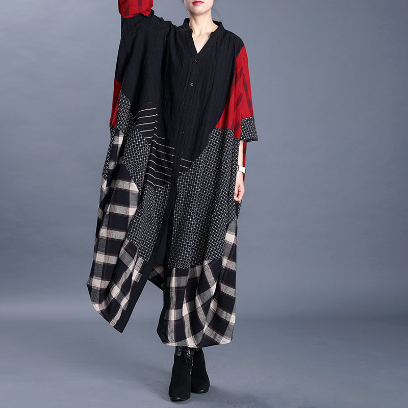 

2020 Spring New Large Size Women's Original Ethnic Style Cotton and Linen Irregular Long Thin Coat Windbreaker Women, Black and red