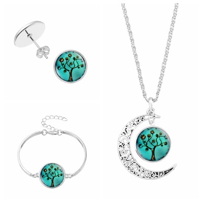 

Tree of Life Jewelry Sets Glass Dome Pendant Necklaces Charm Bracelets Stud Earrings Set Statement Necklace Sets Jewelry for Women Girl Gift, As show