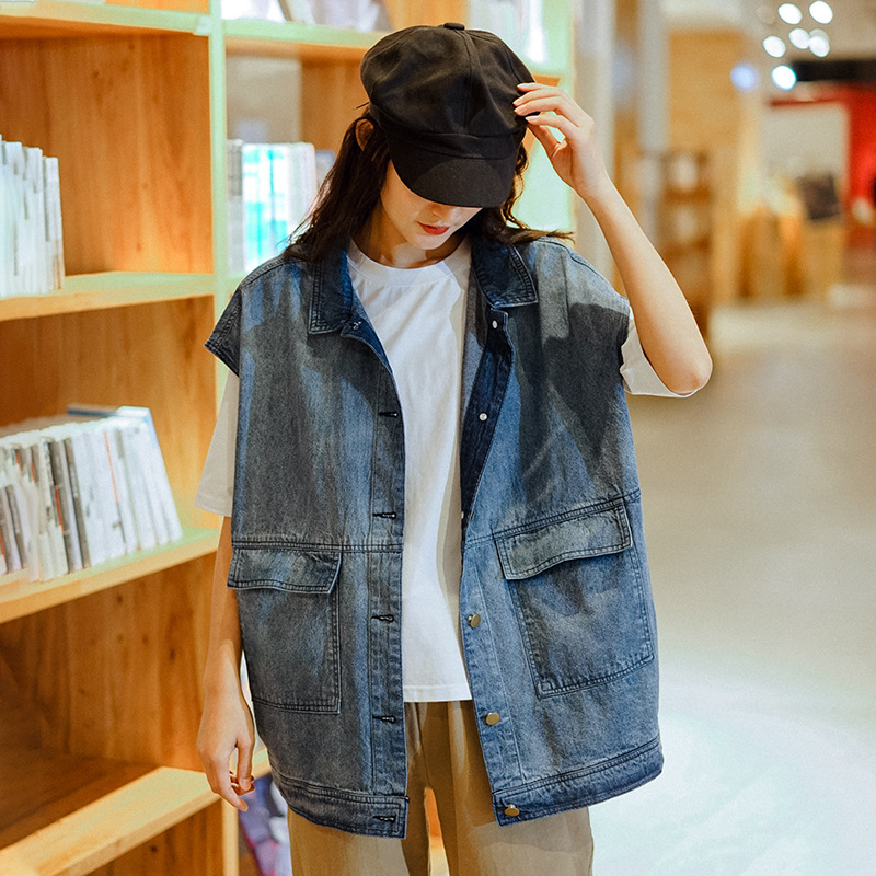 

Women Spring Summer Loose Denim Jacket Ladies Casual Vintage Bleached Outerwear Sleeveless Coat Female Topcoat 2020, Blue