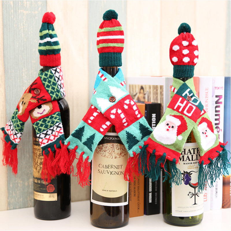 

2pcs/set Christmas Santa Claus Champagne Wine Bottle Knitting Hats and Scarf Xmas Home Party Table Decorations Decoration Gifts