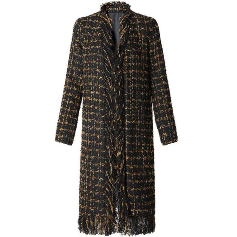 

2020 Winter new luxury small fragrance tweed wwolen coat women knitted tassel long sleeves v-neck slim long overcoat, As photo