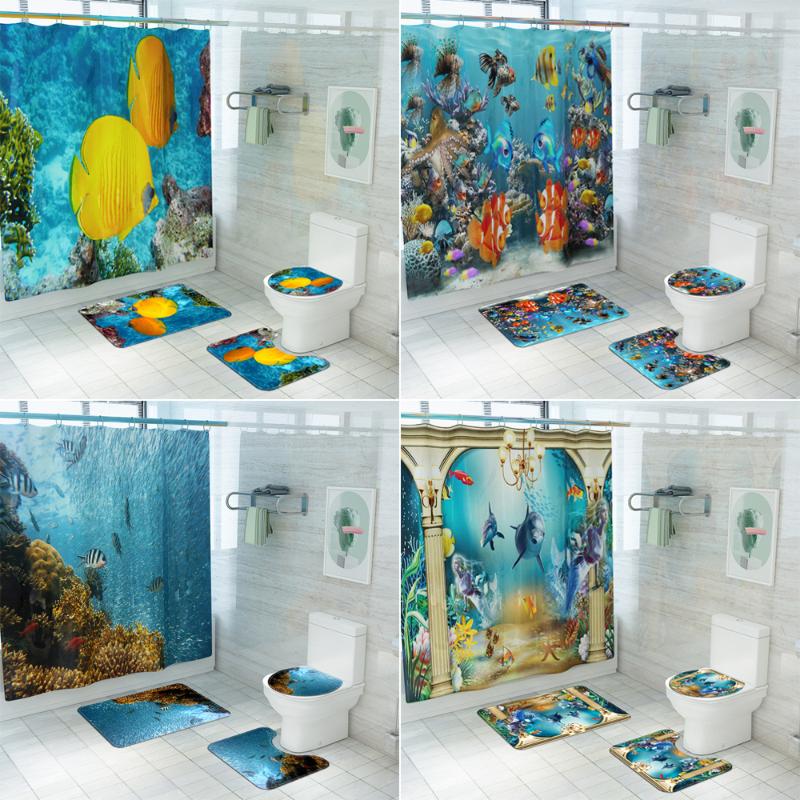 

Seabed Colorful Fish Fabric Shower Curtain Ocean World Bath Screen Bathroom Curtains Non-Slip Rugs Toilet Lid Cover Mat Carpet