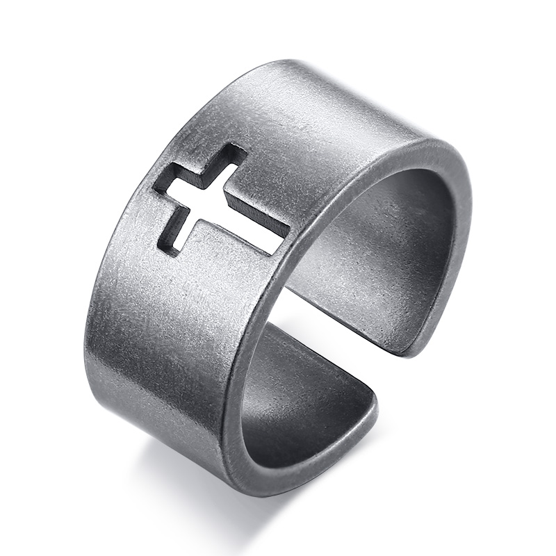 

Antique Silver Open Cross Wide Band Rings in Stainless Steel Hammered Band Ring By-Pass Cross Ring