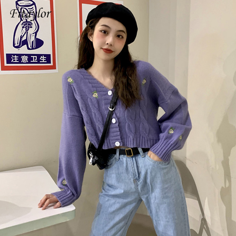 

Fitaylor Women Sweater Floral Embroidery Knitted Cardigan Jacket Korean Knit Crop Coat Long Sleeve Vintage Knitting Cardigans, Black