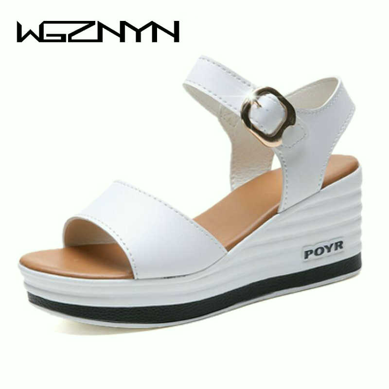 

2020 Summer New Leather High Heel Wedge Female Sandals Platform Fish Mouth Shoes Woman Lady Sexy Buckle Slope Sandals 35-40 W04