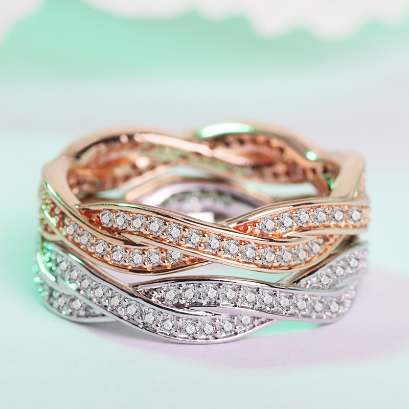 

Chic Simple Rose Gold Color Plated Winding Rings for Women Ladies Trendy Double Row Zircon Wedding Ring Jewelry Gift Bague Femme