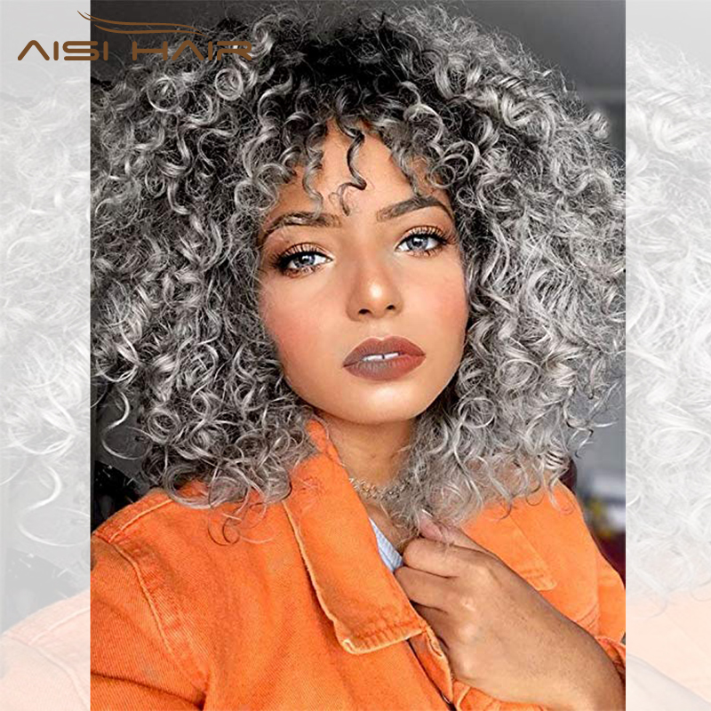 

AISI HAIR 14inches Afro kinky Curly Wig Ombre Black Gray Wig With Bangs Synthetic Long Wigs for Black Women