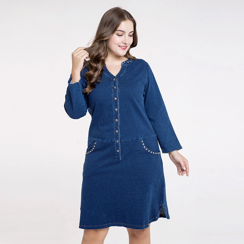 

Plus Size denim dress for women clothes 2019 Fashion Diamond Pocket Side Split Shirt Shirt Dress Large size BONJEAN, Navy blue
