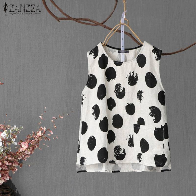 

2020 Plus Size ZANZEA Summer Tank Tops Womens Sleeveless Vintage Polka Dot Cotton Tunic Top Shirts Female Tees Blusas Chemise, Black