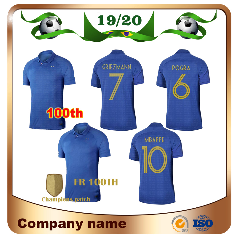 

2019 2 stars #10 MBAPPE 100 years Soccer Jersey 19/20 100th GRIEZMANN POGBA Soccer Shirt KANTE GIROUD blue Football uniforms sales, Blue wiht champions patch