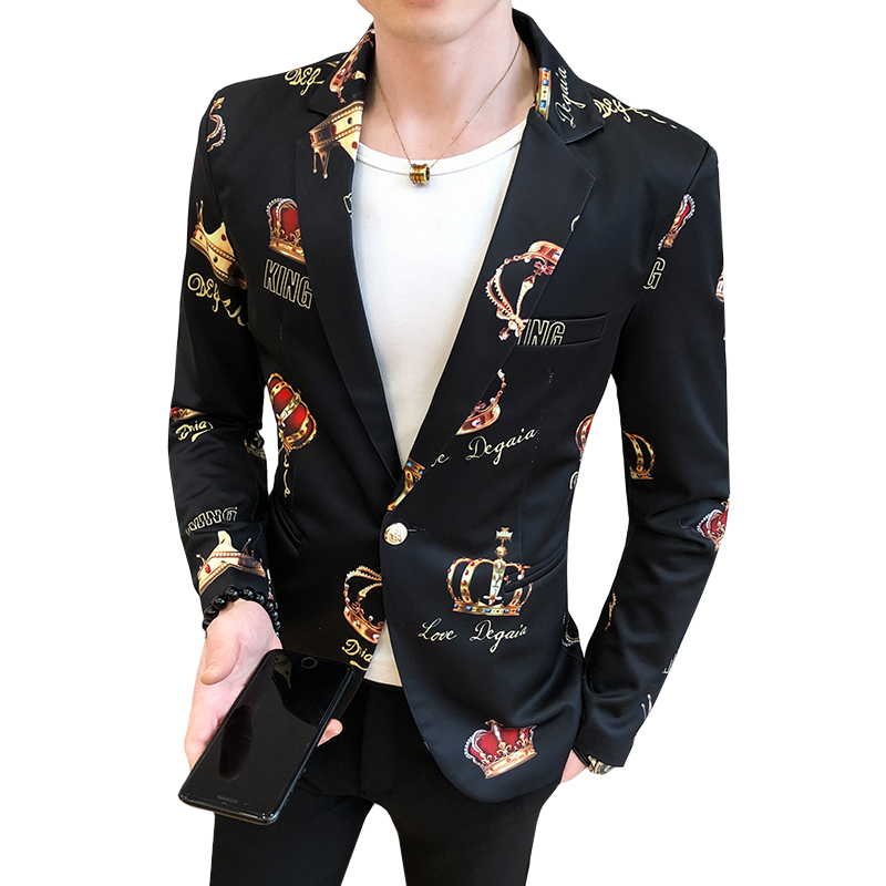 

New Korean version Men Blazer Luxury Printing Prom Suit Blazers Single Button Party Male Nightclub Slim Fit Wedding Suit Jacket, Black
