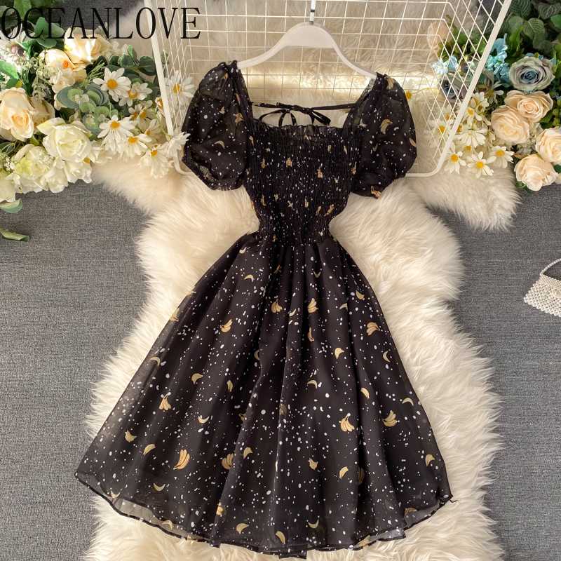 

OCEANLOVE Print Black Parry Dress Women A-line High Waist Midi Dresses 2020 Puff Sleeve Vestidos Spring Summer Ropa Mujer 13659