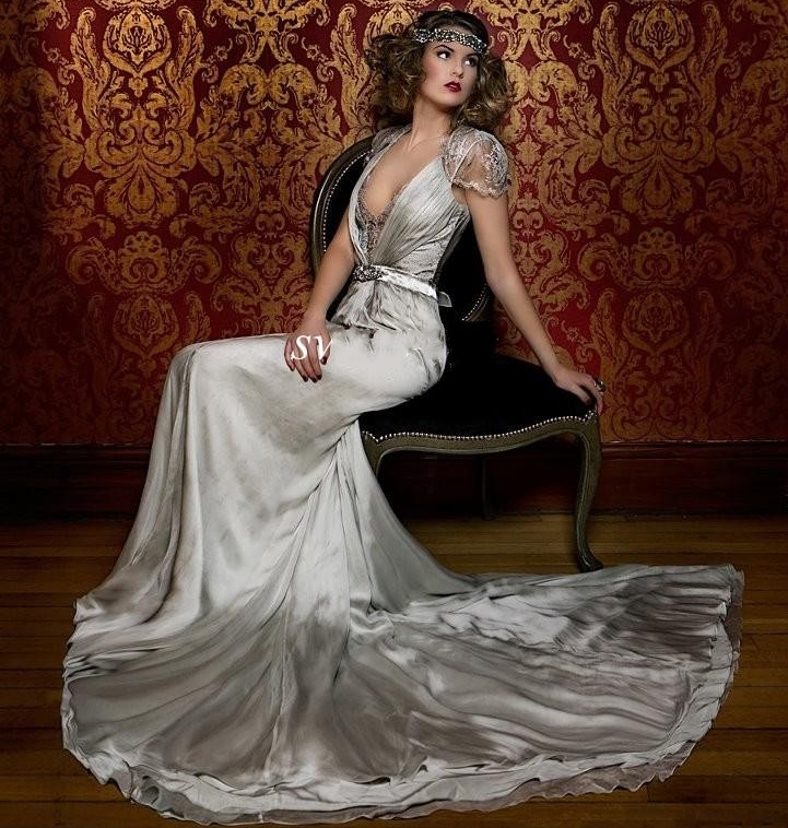 

Jenny Packham Mermaid Wedding Dresses Cap Short Sleeves Vintage Lace V Neck Chiffon 2020 Plus Size Bridal Formal Gowns, White