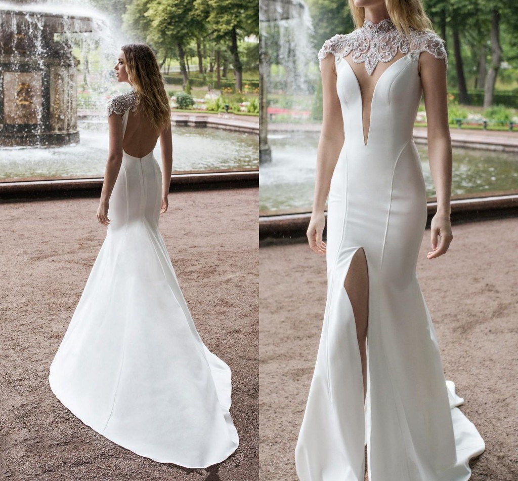 

Mermaid Wedding Dresses 2020 New High Neck Front Split Lace Beads Satin Bridal Gowns Sweep Train Wedding Dress Plus size, Champagne