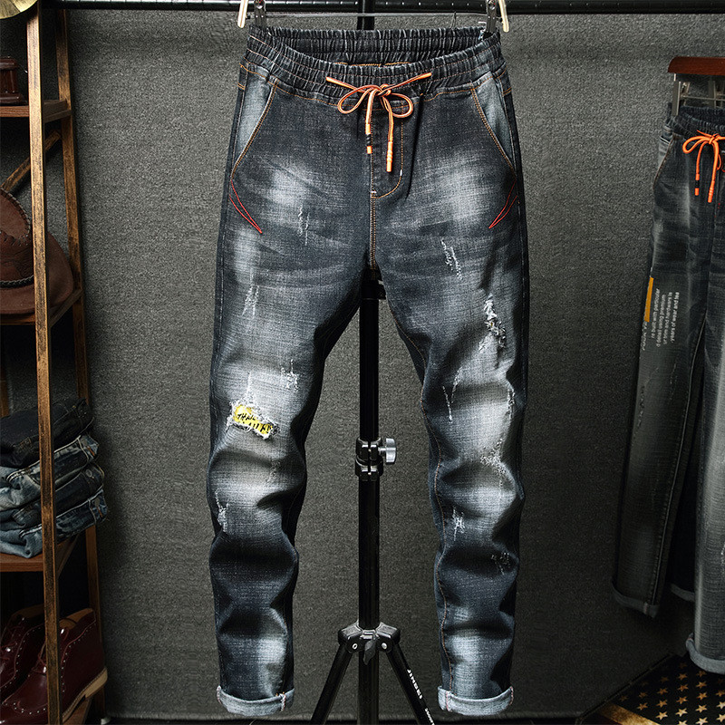 

Mens Fashion Ripped Jeans Pants With Holes Distressed Denim Trousers For Male Drawstring Elastic Waist Straight Fit, Blue