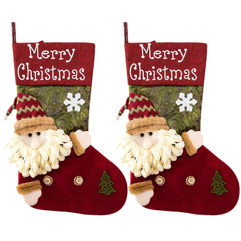 

2X Christmas Stocking Large Vintage Father Santa Claus Candy Gift Bag Snowman Sock Fireplace Xmas Tree Ornament Hanging Decor